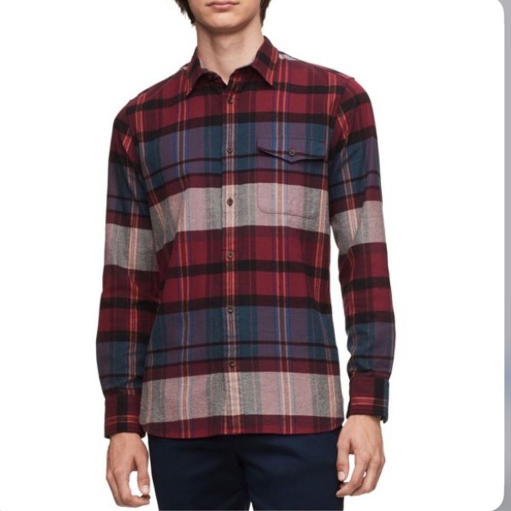 Calvin Klein Flannel button down elbow pads burgundy worker charhart style